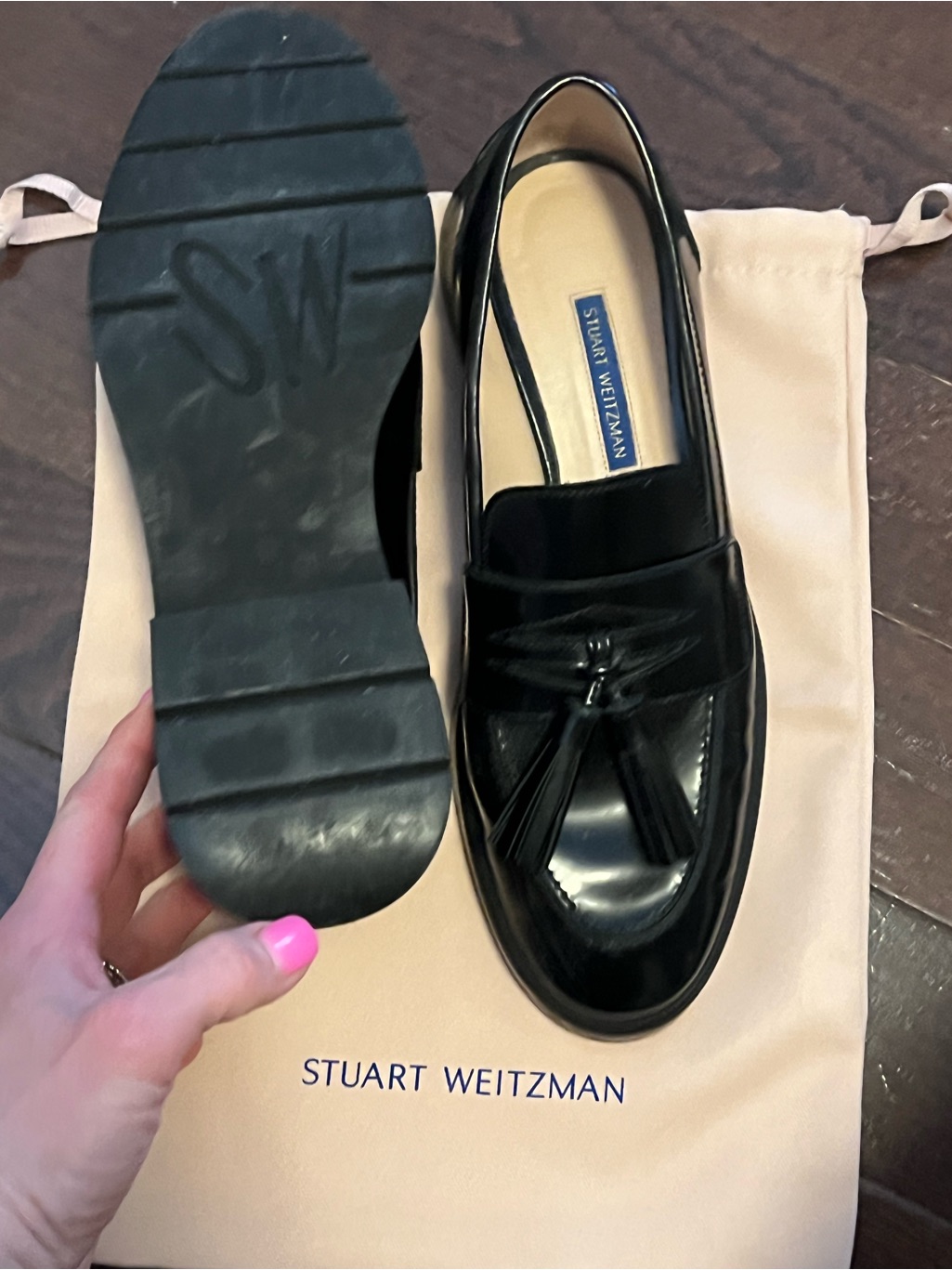 Stuart Weitzman Black Patent Tassel Loafers - Slip-On Dress Shoes